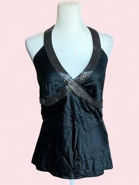 Y2K Express Black Silk Halter Tank with Sequin Trim
